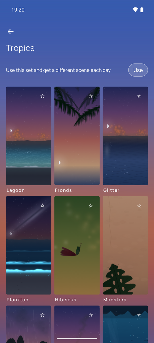 The Tropics collection: its scenes side by side - a lagoon with a crescent moon, palm fronds against a violet sky, glowing plankton on dark water, a hibiscus, a monstera leaf.