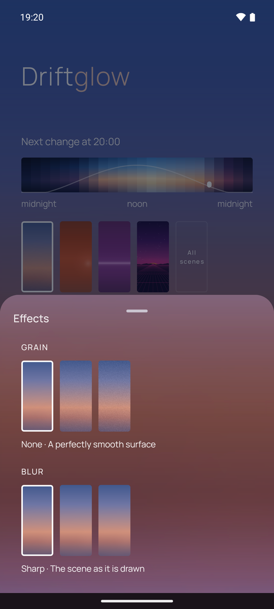 The effects sheet: three grain previews side by side, from a perfectly smooth surface to a visible texture, and below them three blur previews.