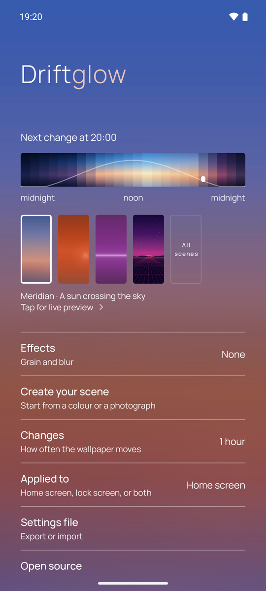 The Driftglow home screen at 19:20: the Meridian scene behind, the day strip from midnight to midnight with a marker near evening, four scene thumbnails, and rows for effects, changes and where the wallpaper is applied.